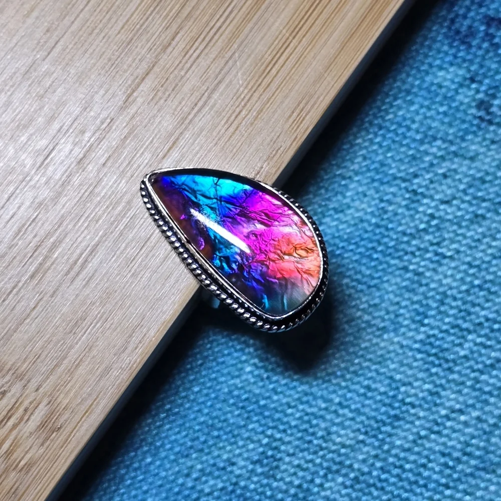 ❌SOLD❌️Dichroic Glass Art Ring Size 7.5 Hand Crafted 925 Sterling Silver Overlay - Picture 6 of 9